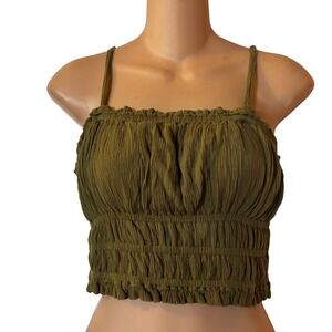 Japna Women's Smocked Crop Top Medium Spaghetti Straps‎ Olive Green